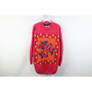 Vintage 90s Streetwear Womens Medium Abstract Flower Marled Knit Sweater Pink